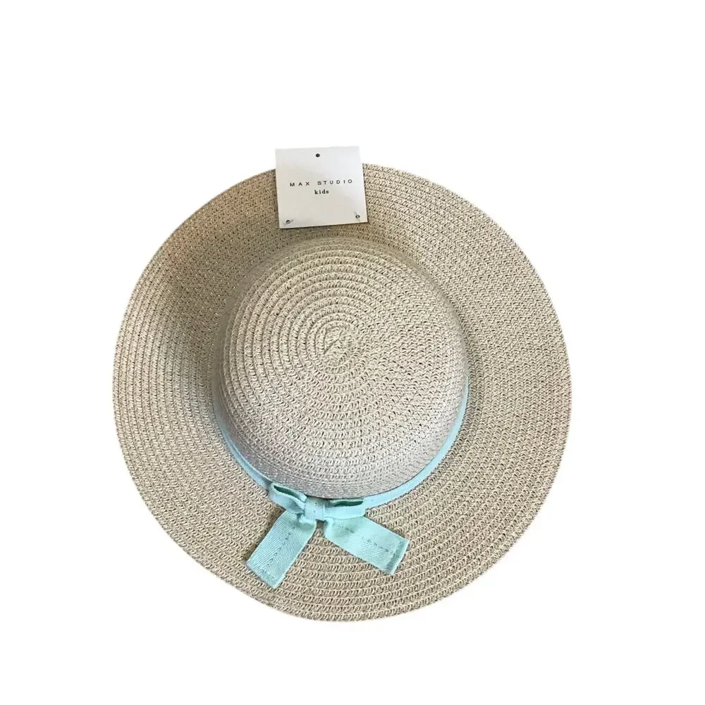 Max Studio kids straw sun hat, wide-brimmed light blue ribbon bow. New One Size